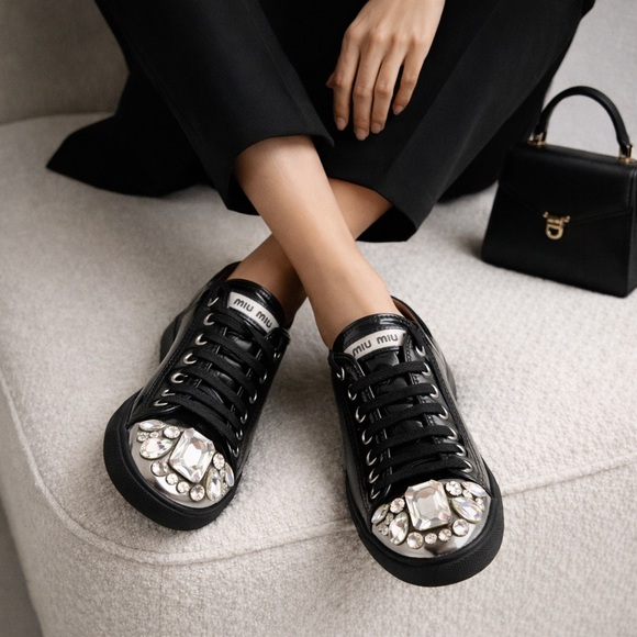 Miu Miu Shoes - Miu Miu Crystal Toe Patent Leather Sneakers EU 36.5 Black Lace Up Luxury